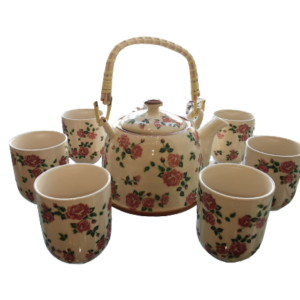 Pink Roses Design Japanese Tea Service Set with Teapot w/Bamboo Top Handle, 1 Leaf Strainer & 6 Teacups (Copy)