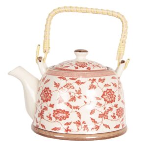 Traditional Tea Pot with Bamboo Handle Red Flowers Design
