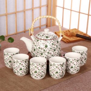 Green Roses Design Japanese Tea Service Set with Teapot w/Bamboo Top Handle, 1 Leaf Strainer & 6 Teacups