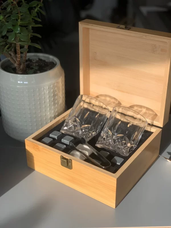 Luxury whiskey glass set and whisky ice stones in bamboo gift box