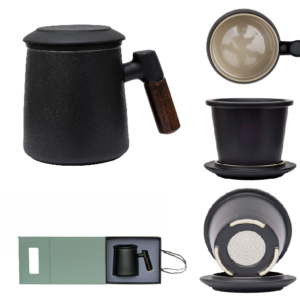 Japanese Black Matt wooden handle ceramic infuser mug 400ml
