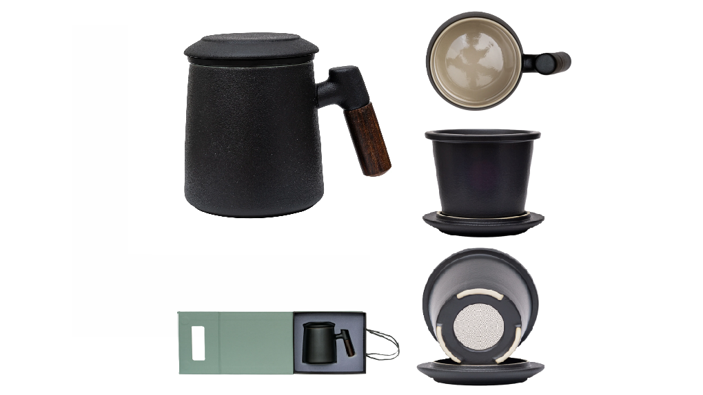 Japanese Black Matt wooden handle ceramic infuser mug 400ml
