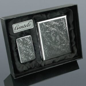 GASOLINE LIGHTER WITH CIGARETTE CASE SET - PLANT ENGRAVING