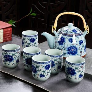 Blue Flowers and White Traditional Porcelain Tea Pot 900ml with 6 Cups 180ml in gift box