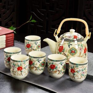 Floral and Birds Traditional Porcelain Tea Pot 900ml with 6 Cups 180ml in gift box