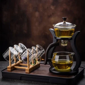 Lazy Kungfu Semi-Automatic Glass Teapot 300ml Set with 6 Cups 100ml and Wooden Tray
